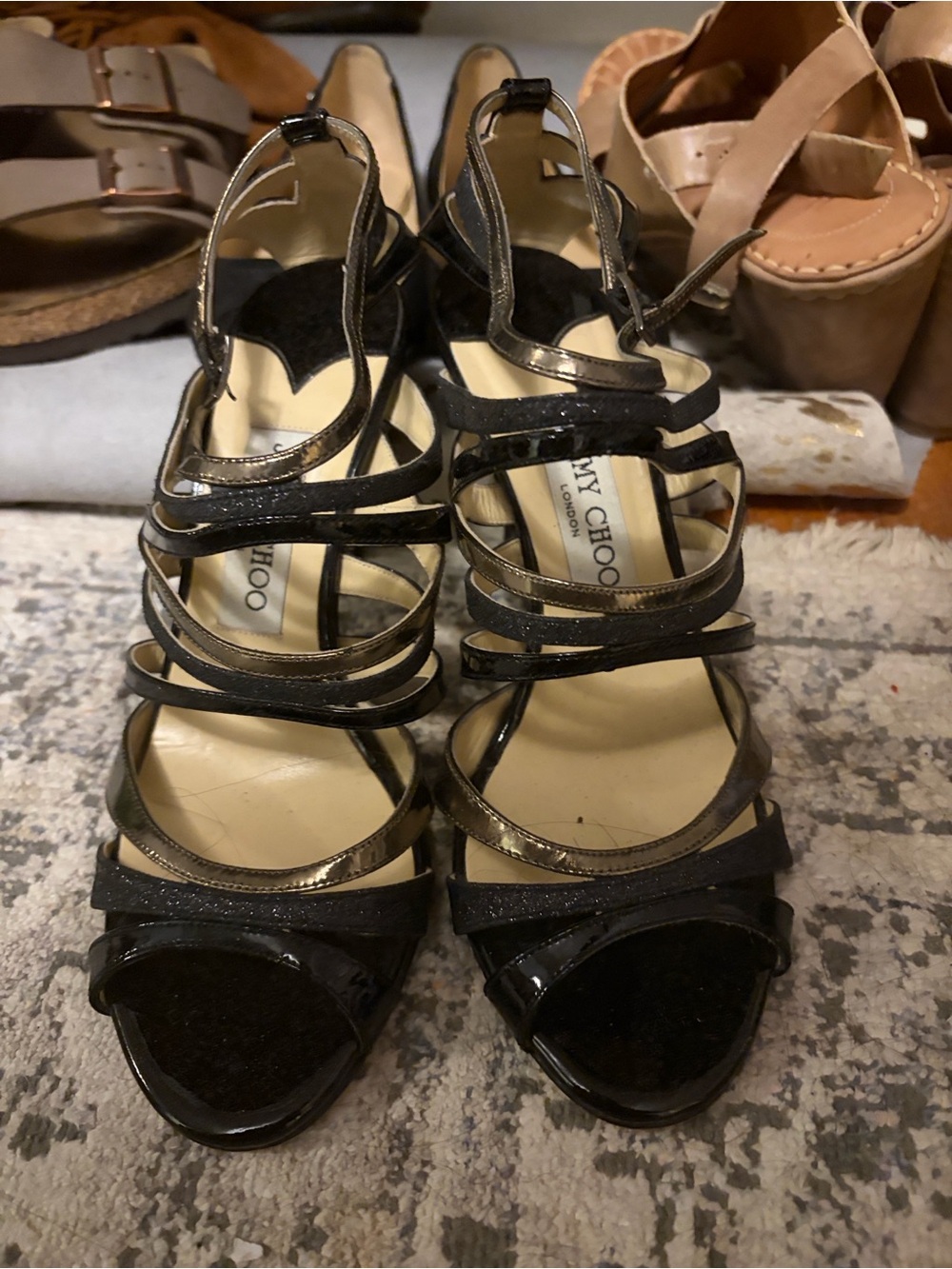 Jimmy Choo Black Patent and Metallic Strappy High Heel Sandals